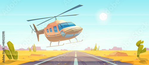 Tela Helicopter landing on empty road at desert nature landscape with yellow sand and cacti