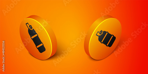Isometric Aqualung icon isolated on orange background. Oxygen tank for diver. Diving equipment. Extreme sport. Diving underwater equipment. Orange circle button. Vector