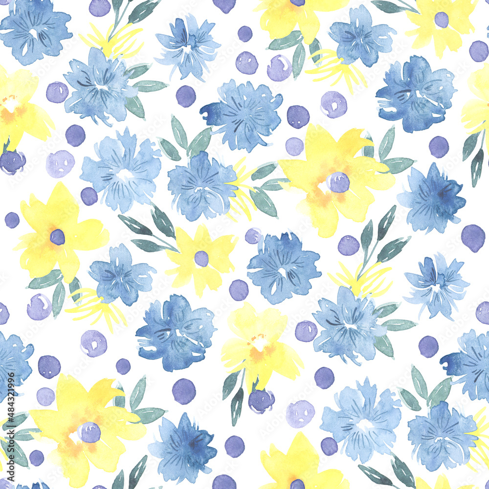 Watercolor seamless pattern with hand drawn flowers