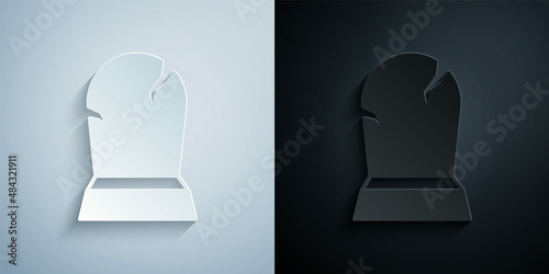 Paper cut Tombstone with RIP written on it icon isolated on grey and black background. Grave icon. Happy Halloween party. Paper art style. Vector