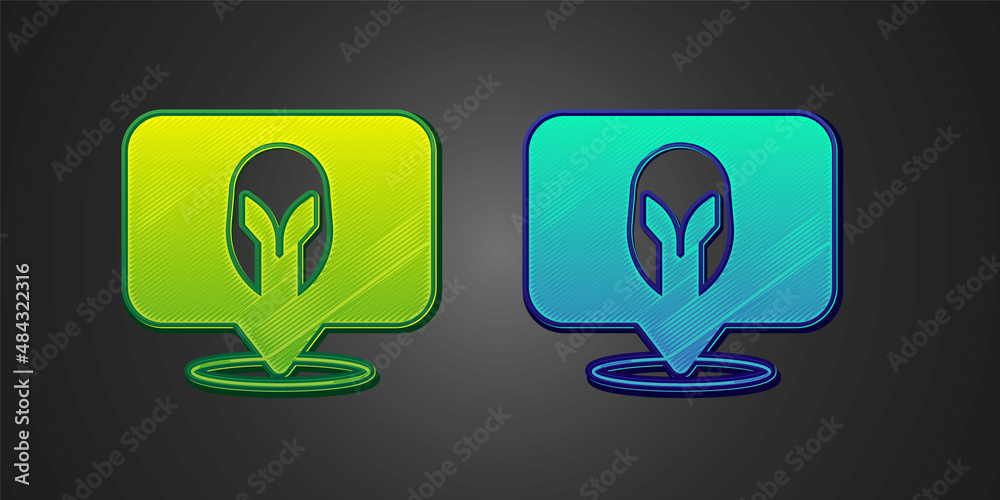 Green and blue Medieval iron helmet for head protection icon isolated on black background. Knight helmet. Vector Green and blue Medieval iron helmet for head protection icon isolated on black background. Knight helmet. Vector