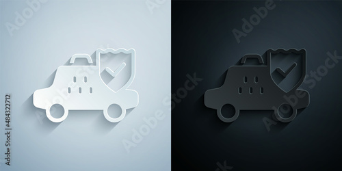 Paper cut Taxi car insurance icon isolated on grey and black background. Paper art style. Vector