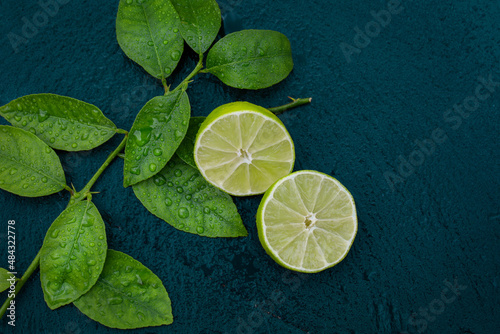 Fresh Cut Lime On Wet Dark Stone