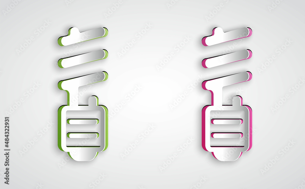 Paper cut LED light bulb icon isolated on grey background. Economical LED illuminated lightbulb. Save energy lamp. Paper art style. Vector