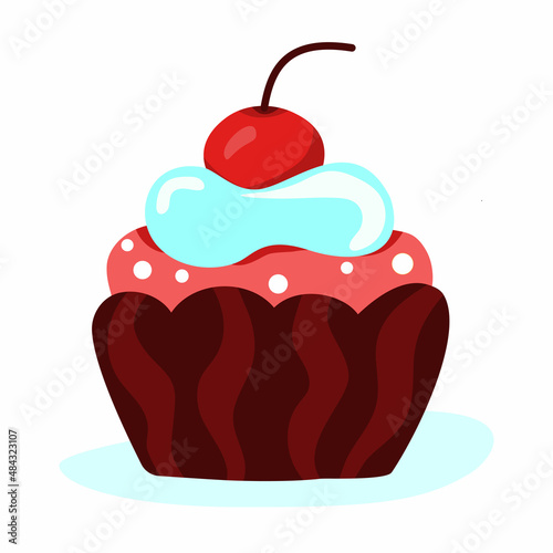 sweet cake with blue cream and cherry