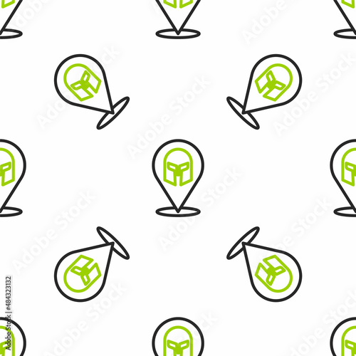 Line Greek helmet icon isolated seamless pattern on white background. Antiques helmet for head protection soldiers with a crest of feathers or horsehair. Vector