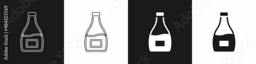 Set Sauce bottle icon isolated on black and white background. Ketchup, mustard and mayonnaise bottles with sauce for fast food. Vector