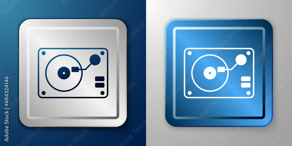 White Vinyl player with a vinyl disk icon isolated on blue and grey background. Silver and blue square button. Vector White Vinyl player with a vinyl disk icon isolated on blue and grey background. Silver and blue square button. Vector