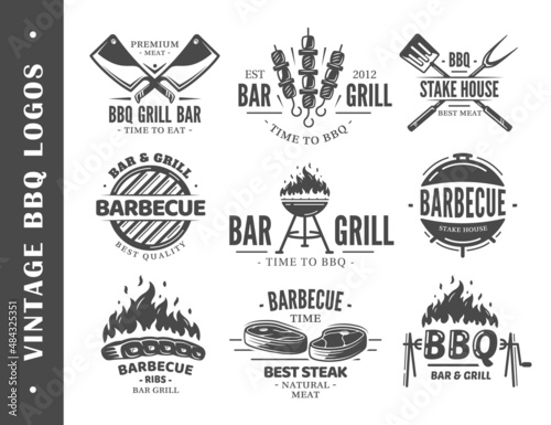Vintage Barbecue Grill Labels isolated on white background. Set of BBQ Logo Templates for design. Vector illustrations