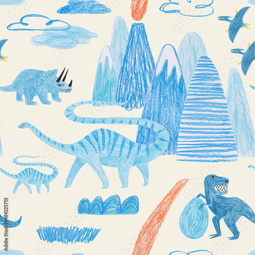 Seamless pattern with funny dinosaurs and mountains