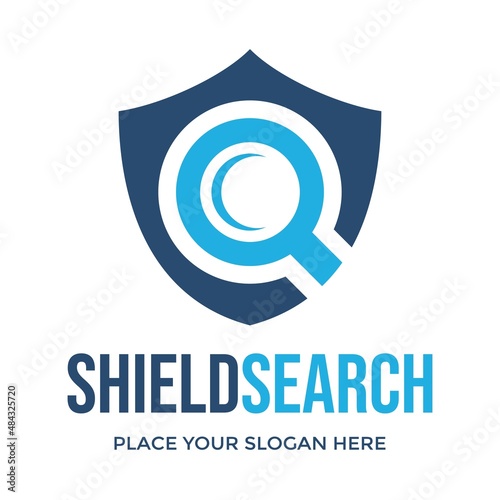 Shield search vector logo template. This design use magnifying glass symbol. Suitable for security.