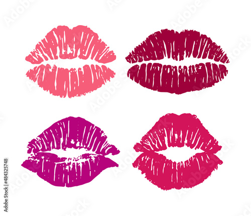 Set of female different lipstick kiss print isolated on white background. 