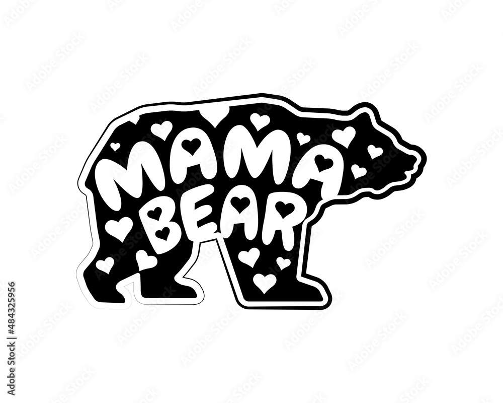 Mama bear silhouette with hearts illustrations, vector. Bear silhouette ...