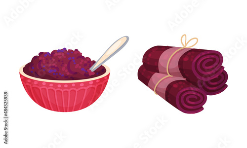 Bowl of plum puree and marmalade vector illustration