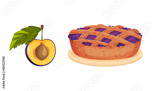 Tasty pie with fresh ripe plums and half of ripe fruit with green leaves vector illustration