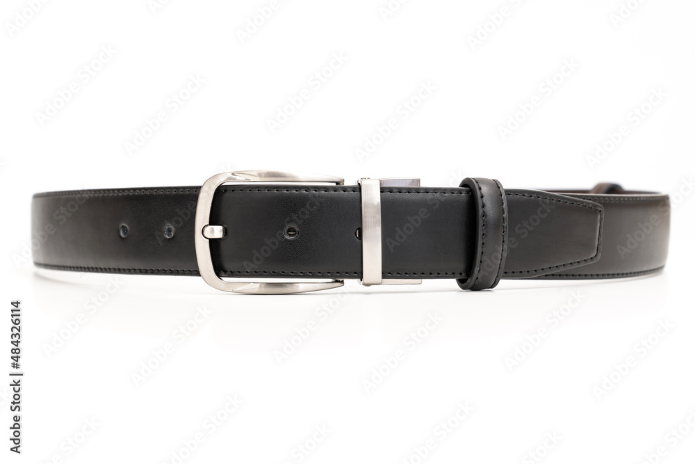 black leather belt on a white background. accessories store for men black leather belt on a white background. accessories store for men