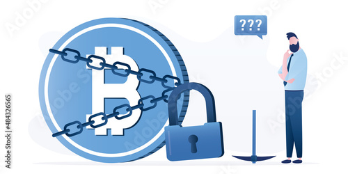 Ban on mining and trading bitcoin. Unhappy trader or businessman thinking about lost money. Illegal bitcoin trading. Control over exchange of cryptocurrencies.