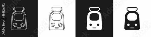 Set Train and railway icon isolated on black and white background. Public transportation symbol. Subway train transport. Metro underground. Vector