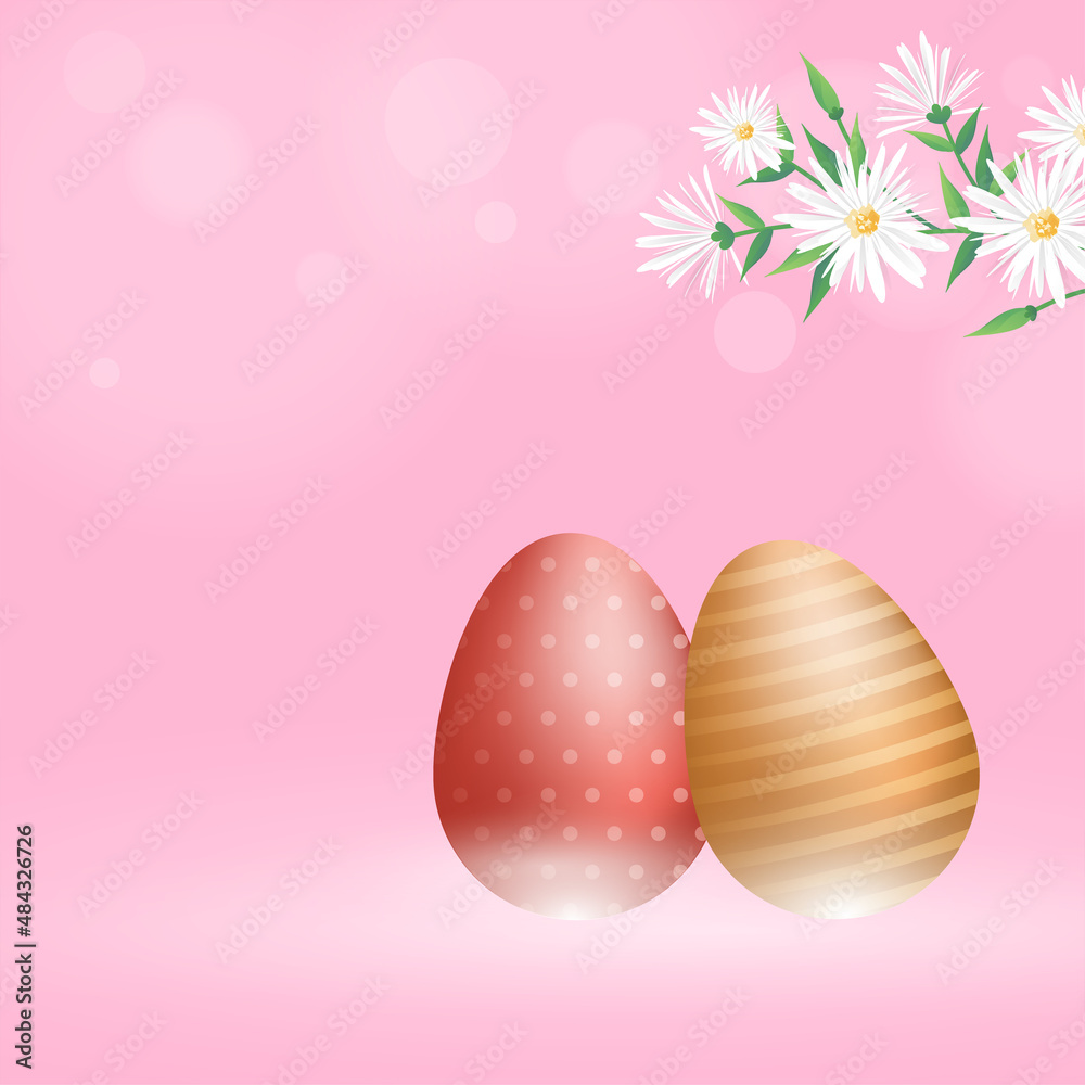 Glossy Easter Eggs And Daisy Branch On Pink Bokeh Blur Background With Copy Space. Glossy Easter Eggs And Daisy Branch On Pink Bokeh Blur Background With Copy Space.