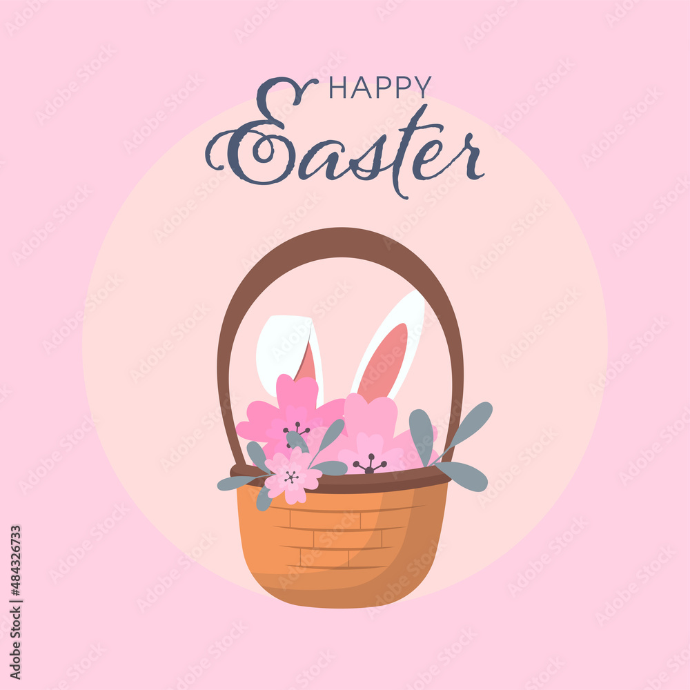 Happy Easter Celebration Concept With Bunny Ears And Flowers In Basket On Pink Background. Happy Easter Celebration Concept With Bunny Ears And Flowers In Basket On Pink Background.