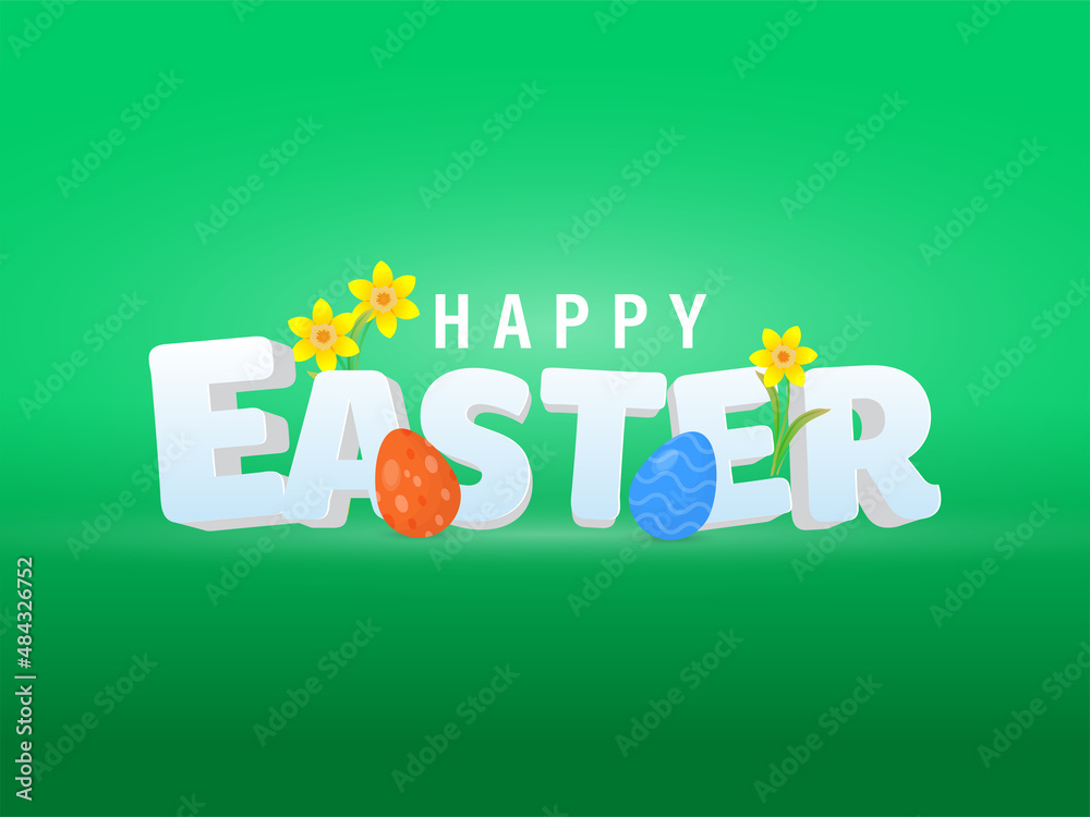 Happy Easter Concept With Printed Eggs And Flowers On Green Background.