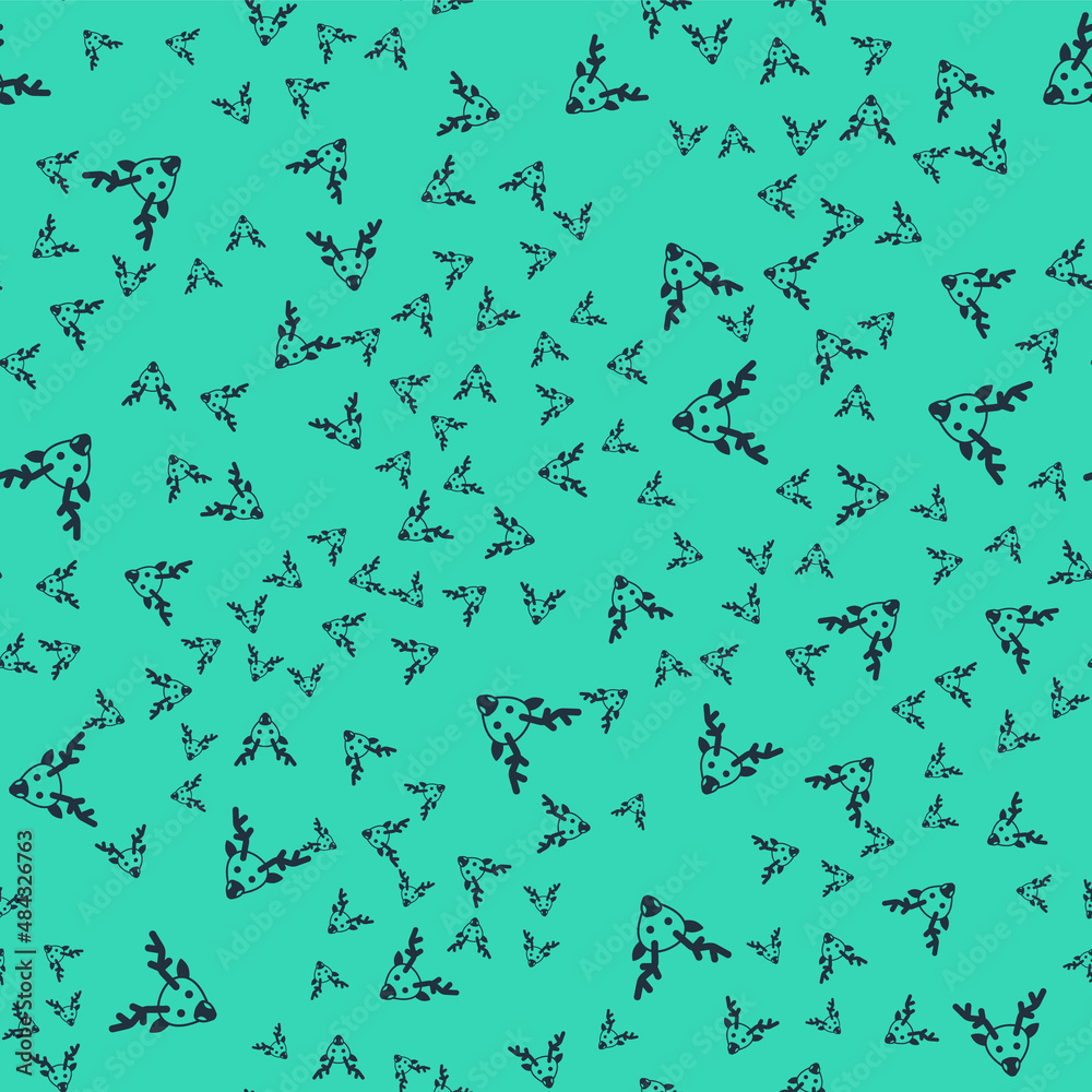 Black Reindeer icon isolated seamless pattern on green background. Merry Christmas and Happy New Year. Vector Black Reindeer icon isolated seamless pattern on green background. Merry Christmas and Happy New Year. Vector