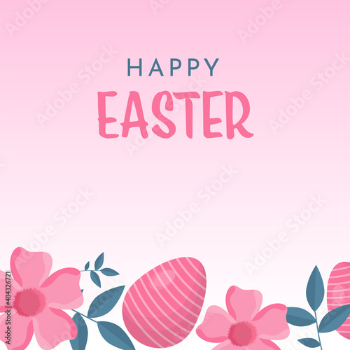 Happy Easter Poster Design With Printed Eggs And Floral Decorated On Gradient Pink Background.