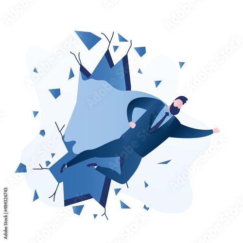 Businessman like super hero flies and break brick wall. Overcoming obstacles, solving business problems. Skills improvement. Successful male character in trendy blue colors.