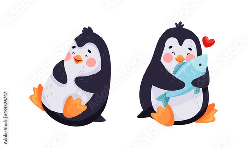 Adorable happy penguin characters set cartoon vector illustration