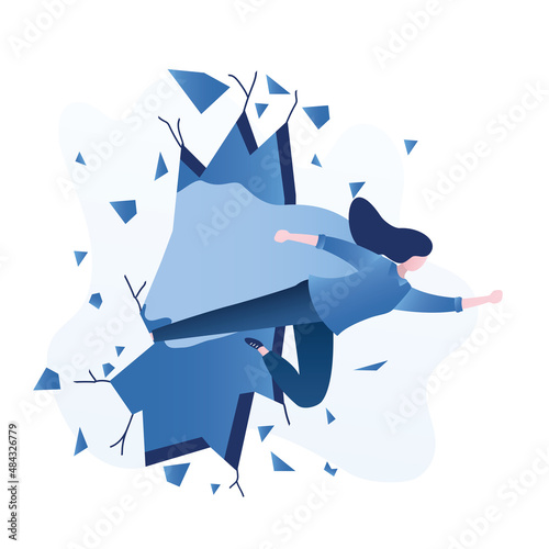 Businesswoman like super hero flies and break brick wall. Overcoming obstacles, solving business problems. Skills improvement. Female character in trendy blue colors.