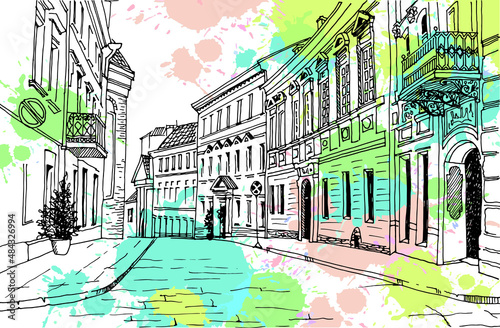 Old city street in hand drawn sketch style. Vilnius, Lithuania. Nice European city. Urban landscape. Vector illustration on colorful blobs background. Without people.

