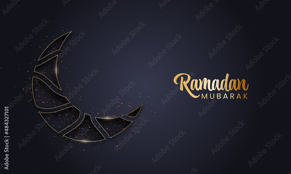 Golden Ramadan Mubarak Font With Paper Cut Crescent Moon And Lights Effect  On Black Background. Stock Vector | Adobe Stock