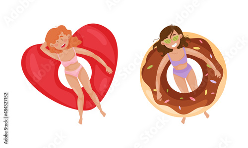 People floating on air mattresses in swimming pool set. Top view of women relaxing and sunbathing on inflatable heart and donut cartoon vector illustration