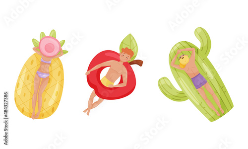 People floating on air mattresses in swimming pool set. Top view of relaxed people sunbathing on inflatable pineapple, apple and cactus cartoon vector illustration