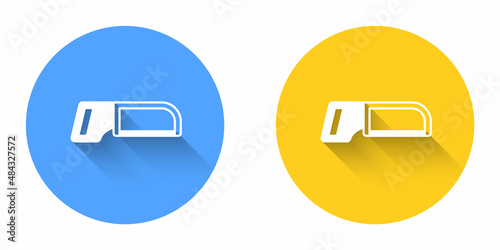 White Hacksaw icon isolated with long shadow background. Metal saw for wood and metal. Circle button. Vector