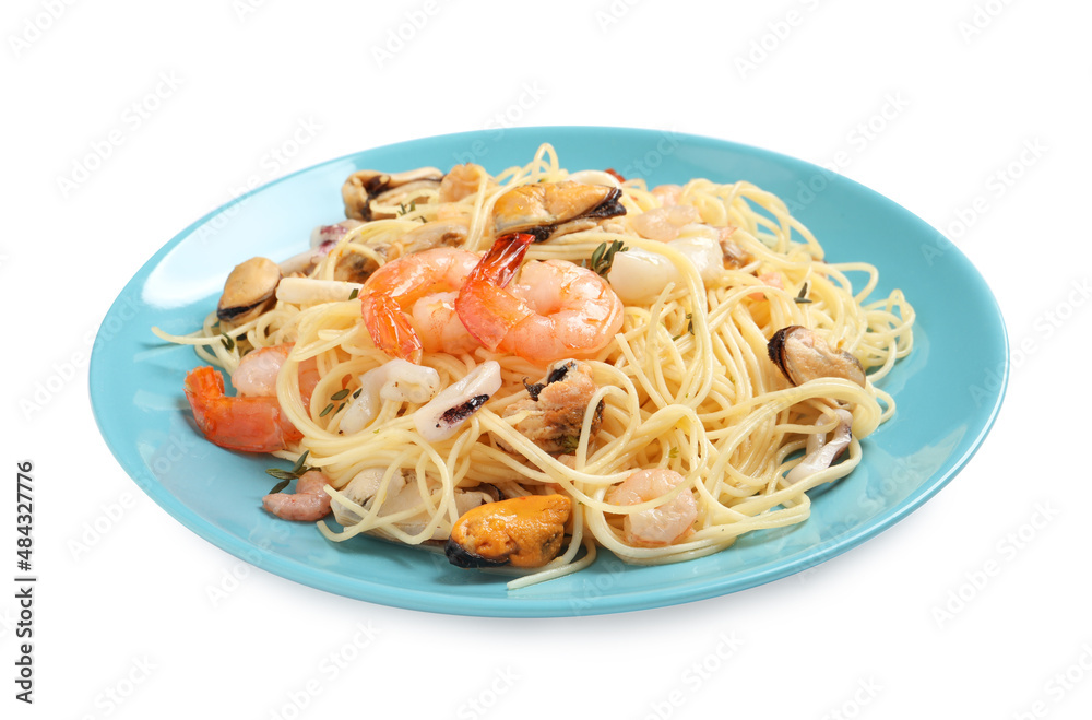 Delicious pasta with sea food in plate isolated on white Delicious pasta with sea food in plate isolated on white