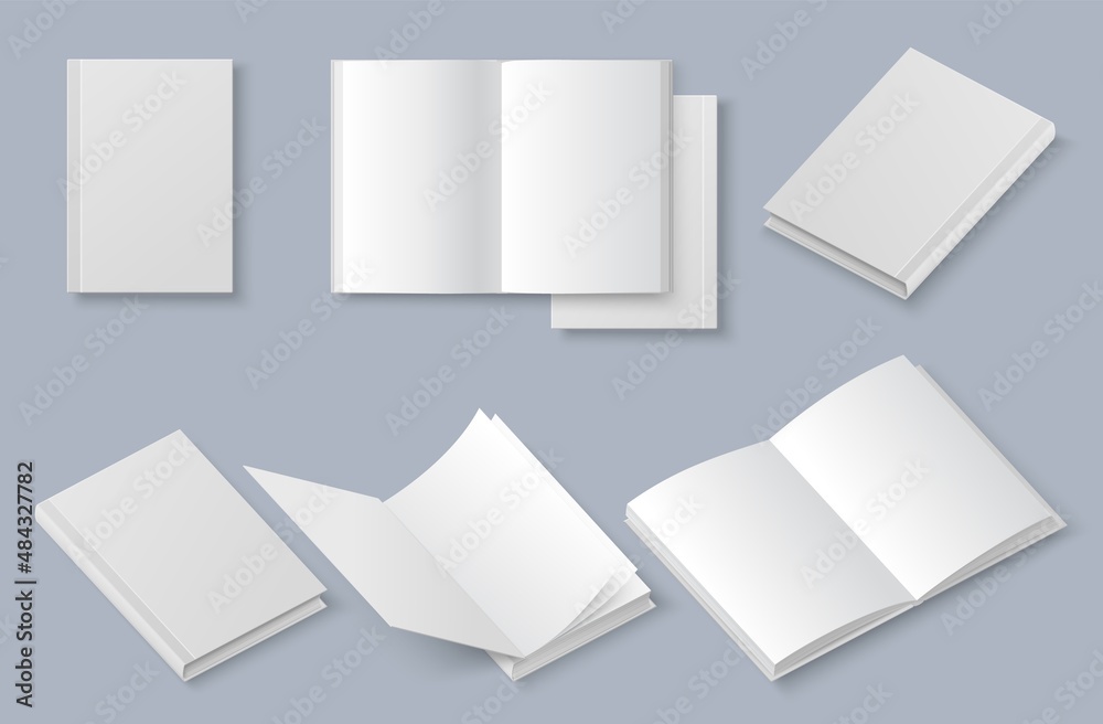 Book mockup set, vector illustration. White blank booklet, brochure, magazine cover. Hardcover, softcover book templates Book mockup set, vector illustration. White blank booklet, brochure, magazine cover. Hardcover, softcover book templates