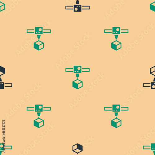 Green and black 3D printer cube icon isolated seamless pattern on beige background. 3d printing. Vector