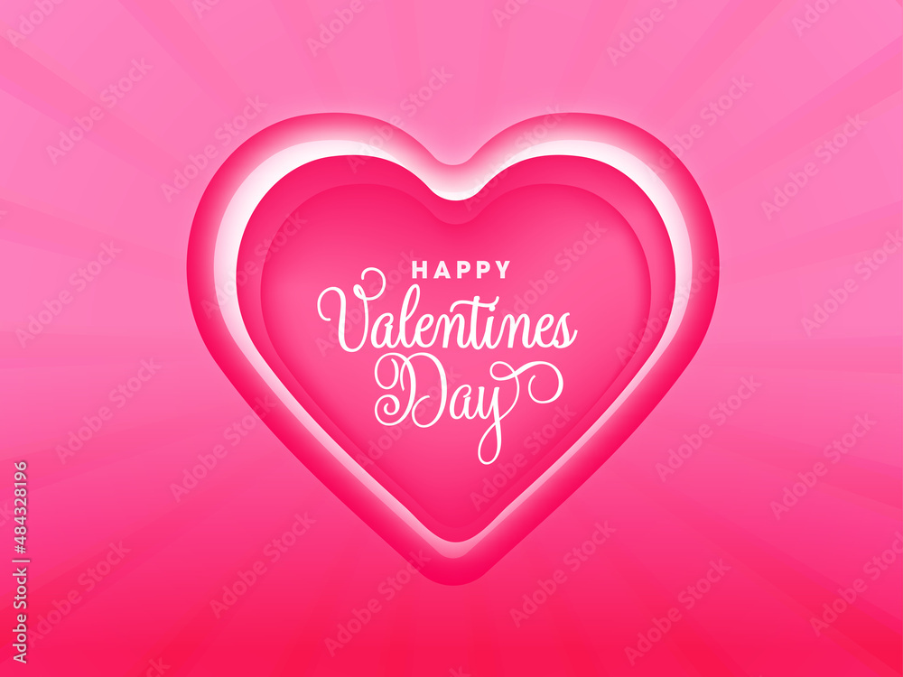 Happy Valentine's Day Font Over Paper Cut Overlapping Heart On Glossy Pink Rays Background.