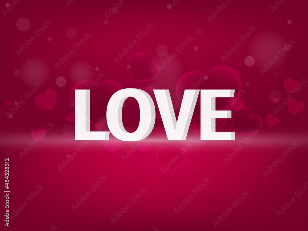 3D White Love Font With Bubble Or Transparent Hearts On Dark Pink Gradient Bokeh Background.