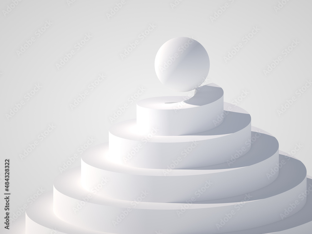 Abstract white installation with a ball on top of helix podium Abstract white installation with a ball on top of helix podium