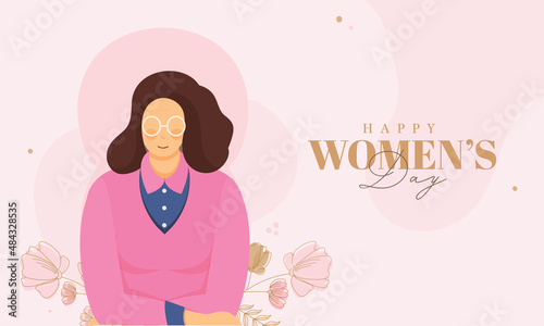 Happy Women s Day Concept With Lady Character And Doodle Flowers On Pink Background.