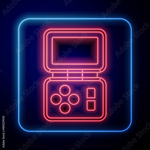 Glowing neon Portable tetris electronic game icon isolated on black background. Vintage style pocket brick game. Interactive playing device. Vector