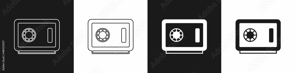 Set Safe icon isolated on black and white background. The door safe a bank vault with a combination lock. Reliable Data Protection. Vector Set Safe icon isolated on black and white background. The door safe a bank vault with a combination lock. Reliable Data Protection. Vector