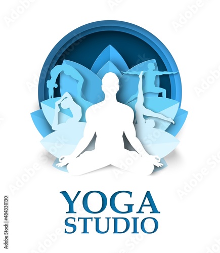 Yoga studio poster, flyer design template, vector paper cut illustration. Yoga poses, classes.
