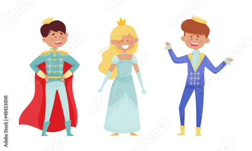 Happy little prince and princess set. Adorable happy kids dressed carnival costumes cartoon vector illustration