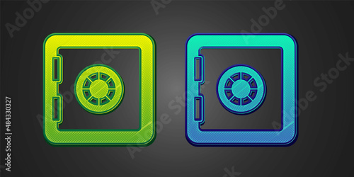 Green and blue Safe icon isolated on black background. The door safe a bank vault with a combination lock. Reliable Data Protection. Vector