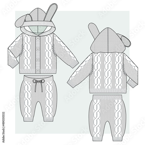 NEWBORN’s Knitted suit from jacket with hoodie with rabbit ears and pants with braids. Technical sketches for babys.
