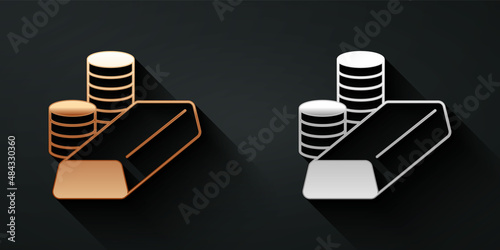 Gold and silver Gold coin with gold bars icon isolated on black background. Banking currency sign. Cash symbol. Long shadow style. Vector