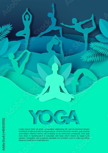 People silhouettes doing yoga poses, vector paper cut illustration. Yoga class, studio poster template.